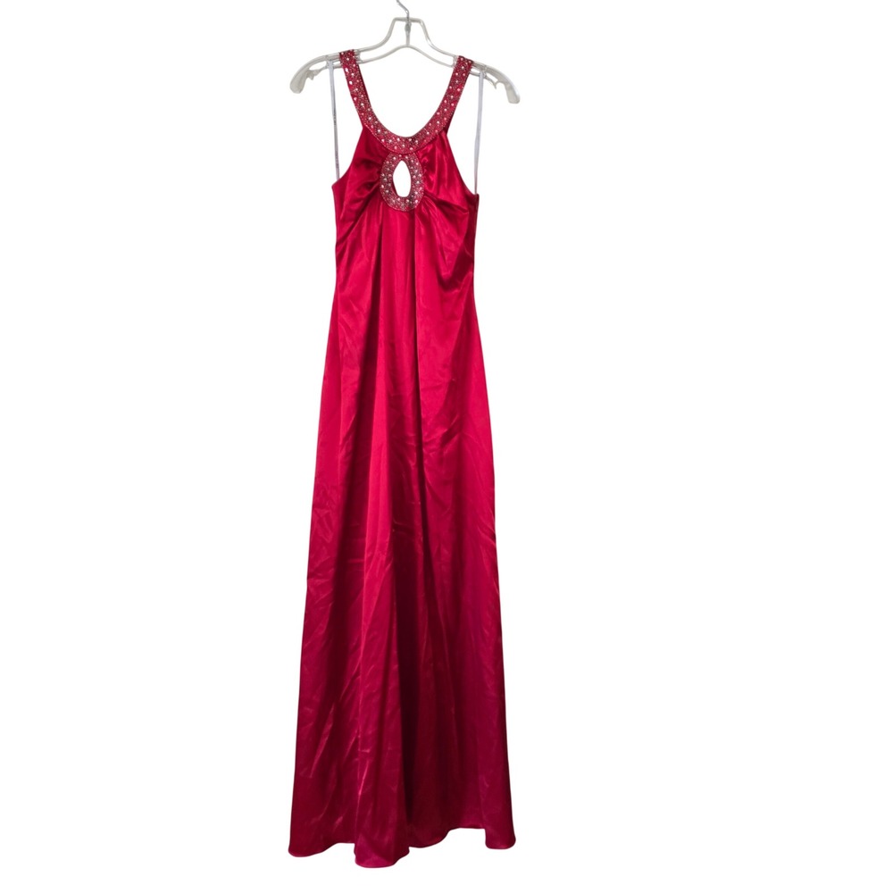 De Laru Red Satin‎ Beaded Keyhole Halter Neck Open Back Formal Prom Gown Dress 5